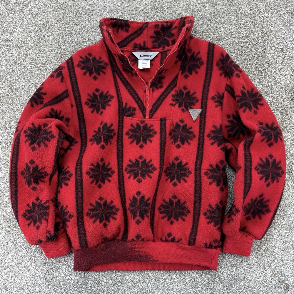 Vintage 90s HEET Sportswear 1/4 Zip Fleece Pullover Size S Nordic Snowflake USA